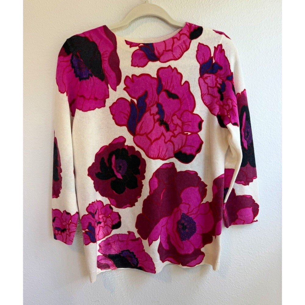 Talbots Cashmere Ivory Floral Print Knit Crew Neck Long Sleeve Pullover L